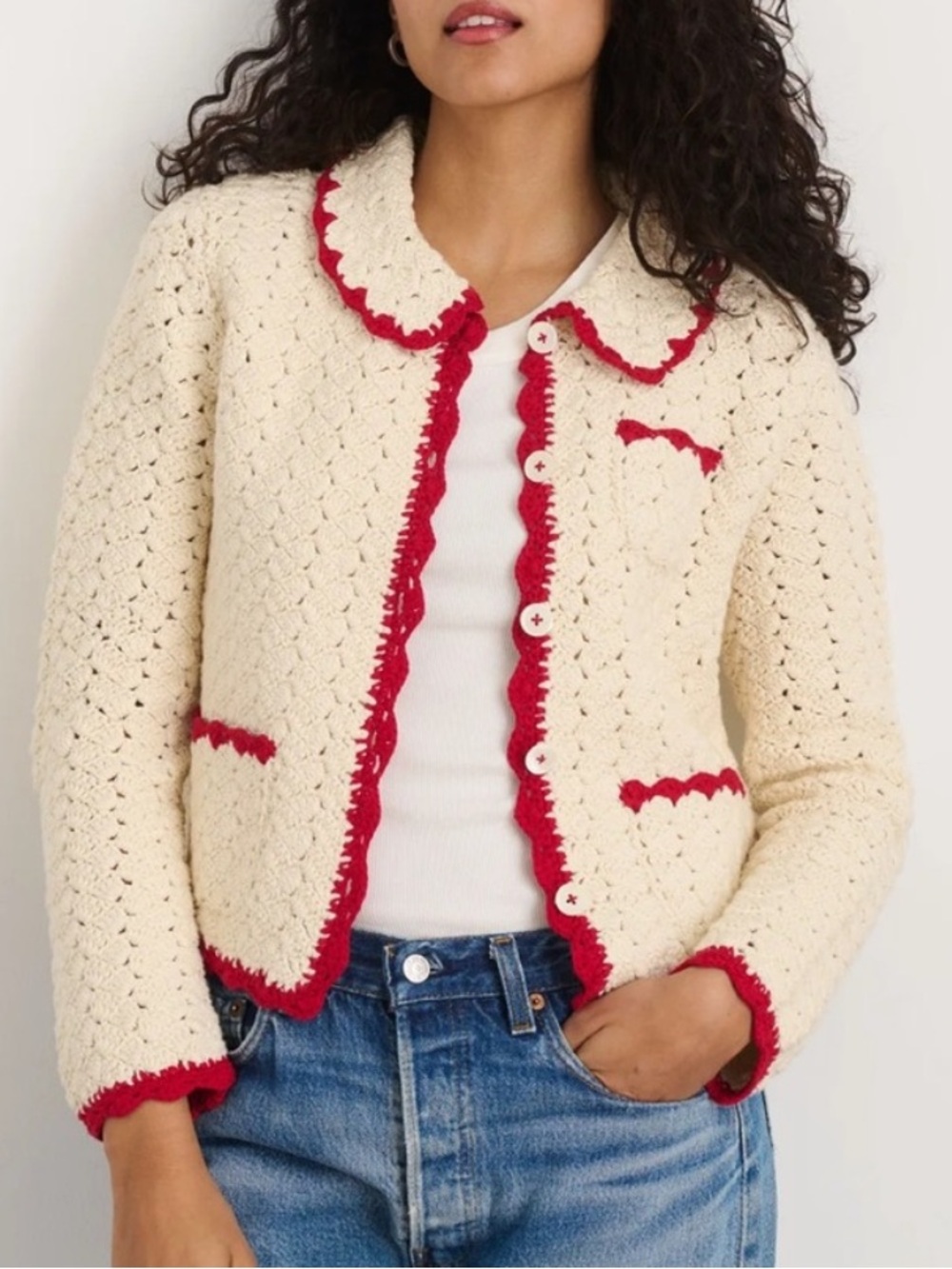 Alex Mill Molly Hand Crochet Knit Cardigan Cream  Red Large Cottagecore Coastal - Picture 10 of 10